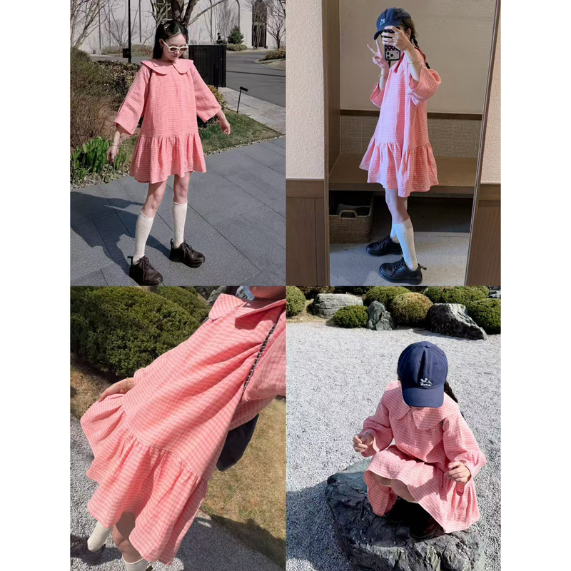Monkey Home LAOSHU ~ Spring/Summer Imported Yarn-Dyed Linen Peach-Colored Dress That Brightens the Complexion, Plaid Flared Babydoll Dress