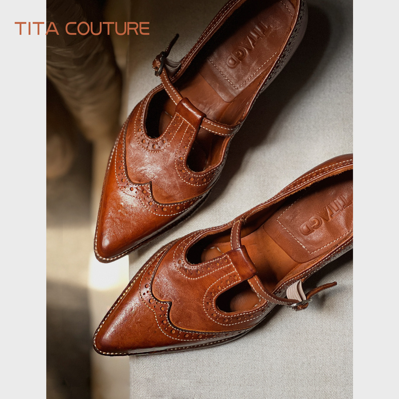 Titagd【Huaqi】Retro Brogue Mary Jane 2026 New French Pointed-Toe High-Heeled Shoes with Thick Heels