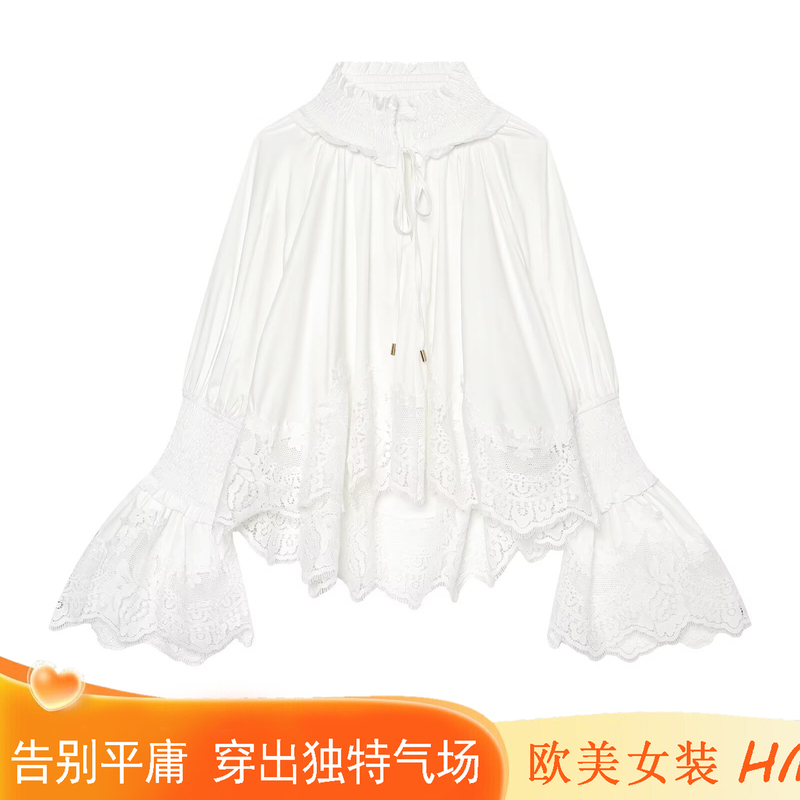 New Women's Clothing European and American Style Lace Embroidery Flared Cuff Design Pure White Holiday Style Long-Sleeve Shirt