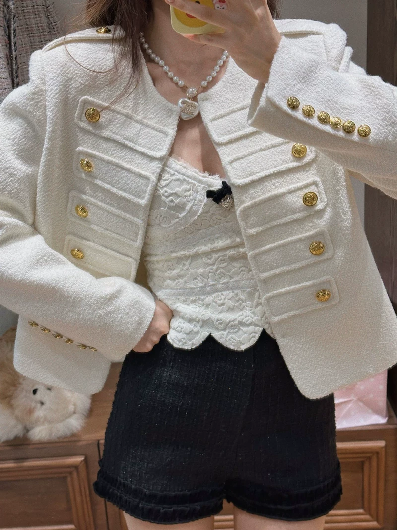 Белый шерстяной короткий жакет, стиль Chanel