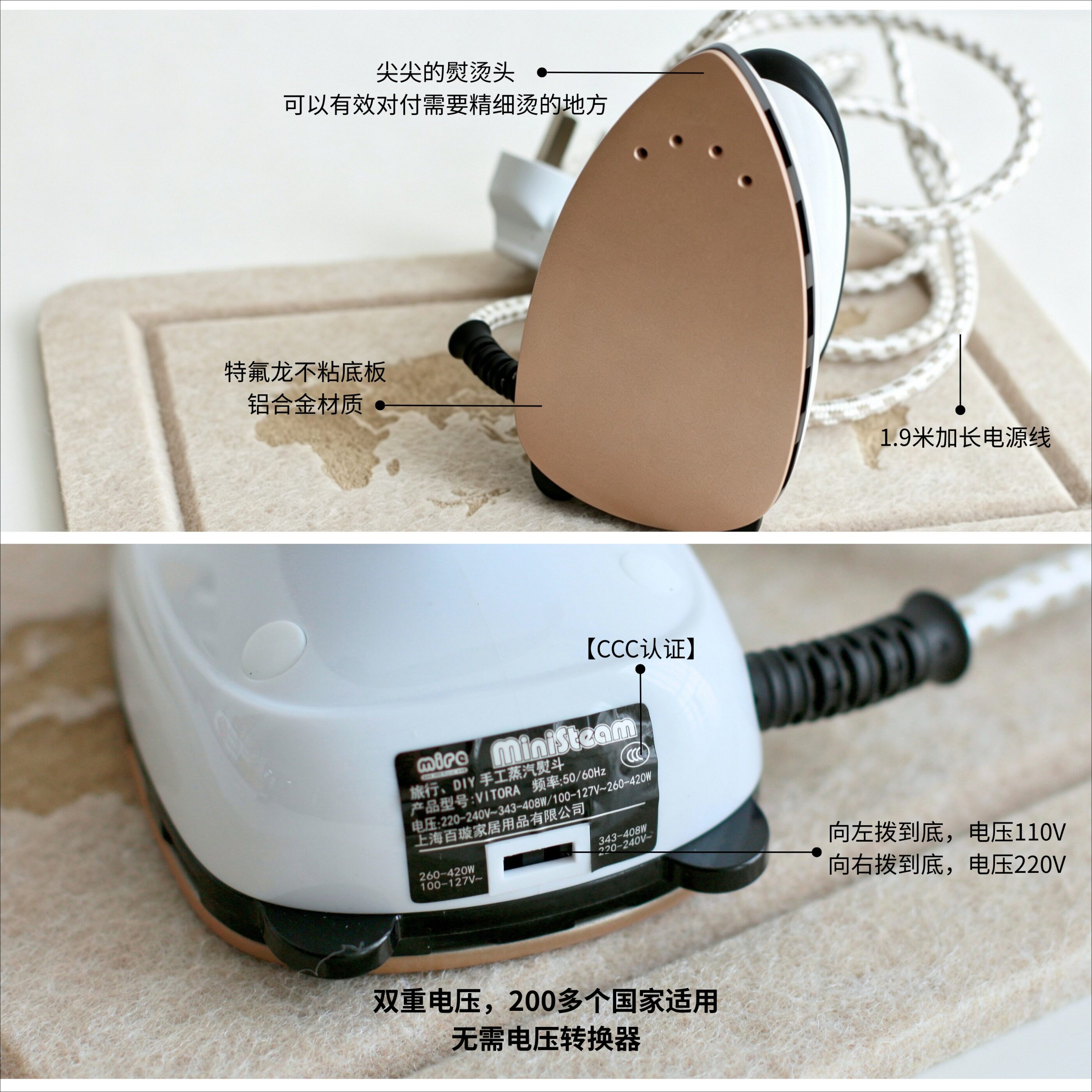 MIRE dual voltage wet and dry portable steam electric iron travel home mini handmade patchwork DIY iron