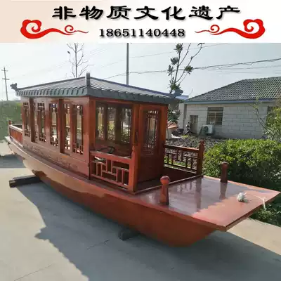 Antique wooden boat Painting boat Outdoor solid wood electric water sightseeing catering boat landscape decoration single pavilion cruise ship launched