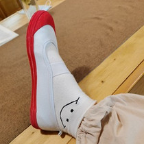 Childrens soft-soled one-pedal kindergarten one-word belt white gymnastics shoes red and blue head boys and girls dance performance shoes