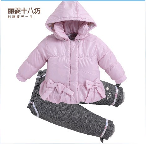 包邮丽婴十八坊女童冬装新款宝宝可爱连帽棉衣加绒保暖套装6810-1