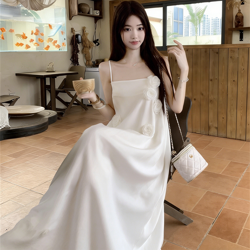 White Three-Dimensional Floral Spaghetti Strap Dress, Stunning for Marriage Registration, Engagement Morning Gown, Bride White Three-Dimensional Floral Spaghetti Strap Dress, Stunning for Marriage Registration, Engagement Morning Gown, Bride