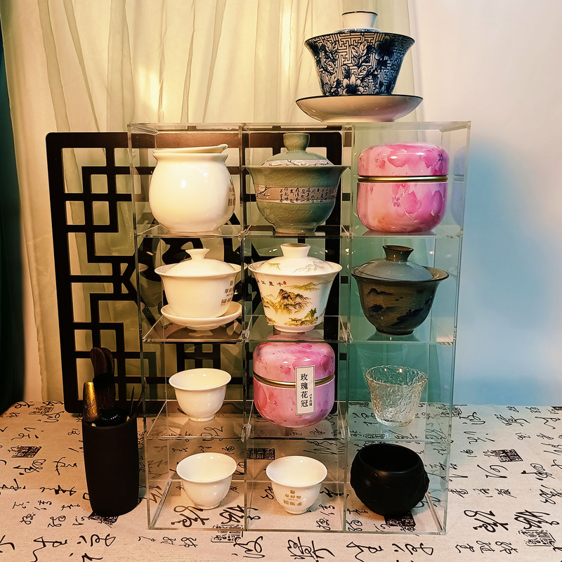 Transparent Purple Clay Teapot Cup Holder Acrylic Multi-Purpose Shelf Tea Set Desktop Storage Box Water Cup Display Rack Grid Storage Rack