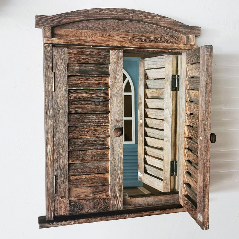 French-Style Wooden Fake Window Decorative Mirror, Simulated Window Frame, Solid Wood Meter Box Cover, Garden Balcony Wall Hanging Decoration