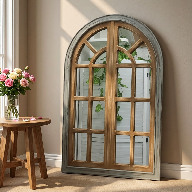 American-Style Wooden Faux Window Decorative Hanging Piece, French Vintage Wooden Window Frame, Balcony Wall Distressed Arch-Shaped Mirror
