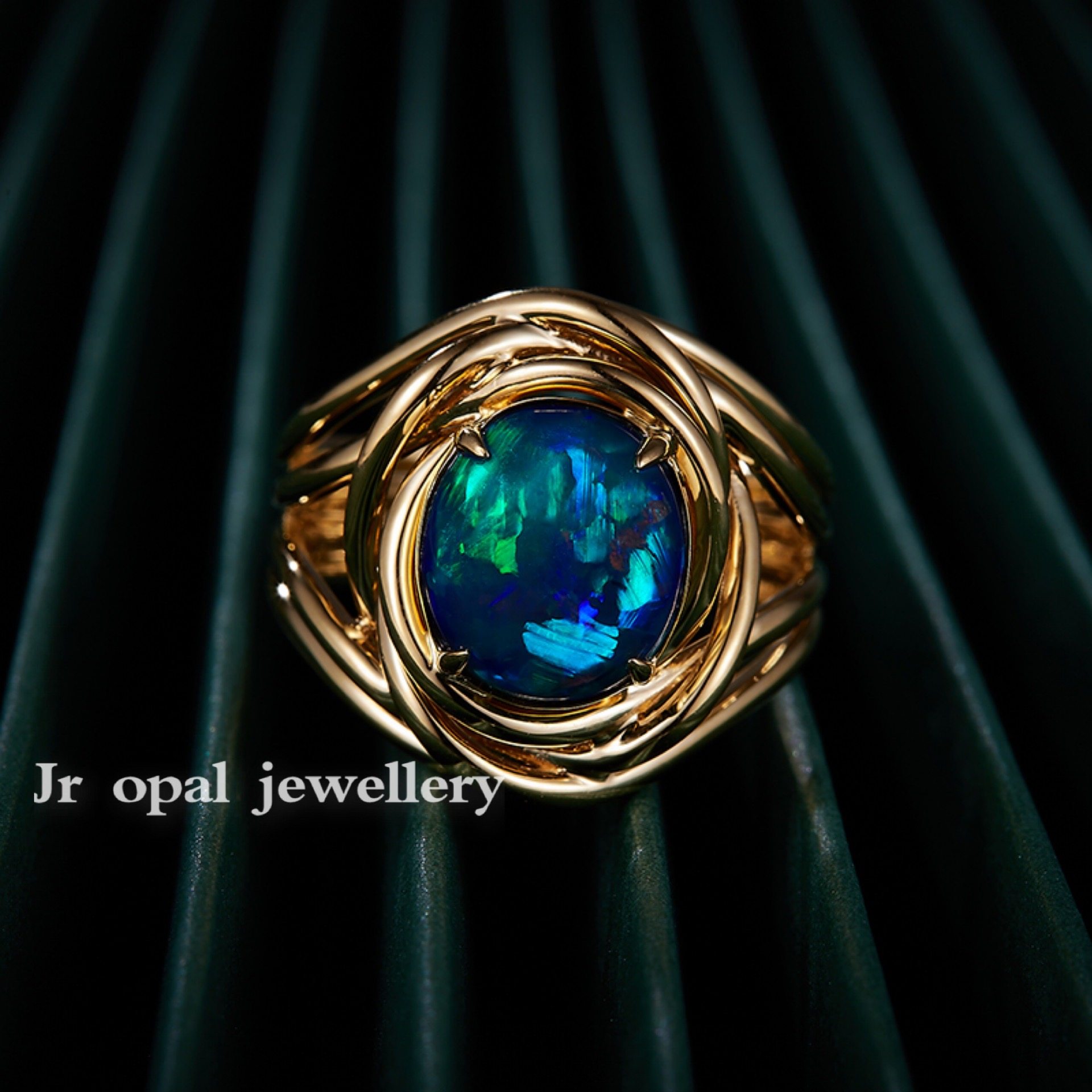 Designer Natural Black Eurobergem Raw Stone Blue Green Full Color 18K Gold Mosaic Colored Gold Ring ring Processing
