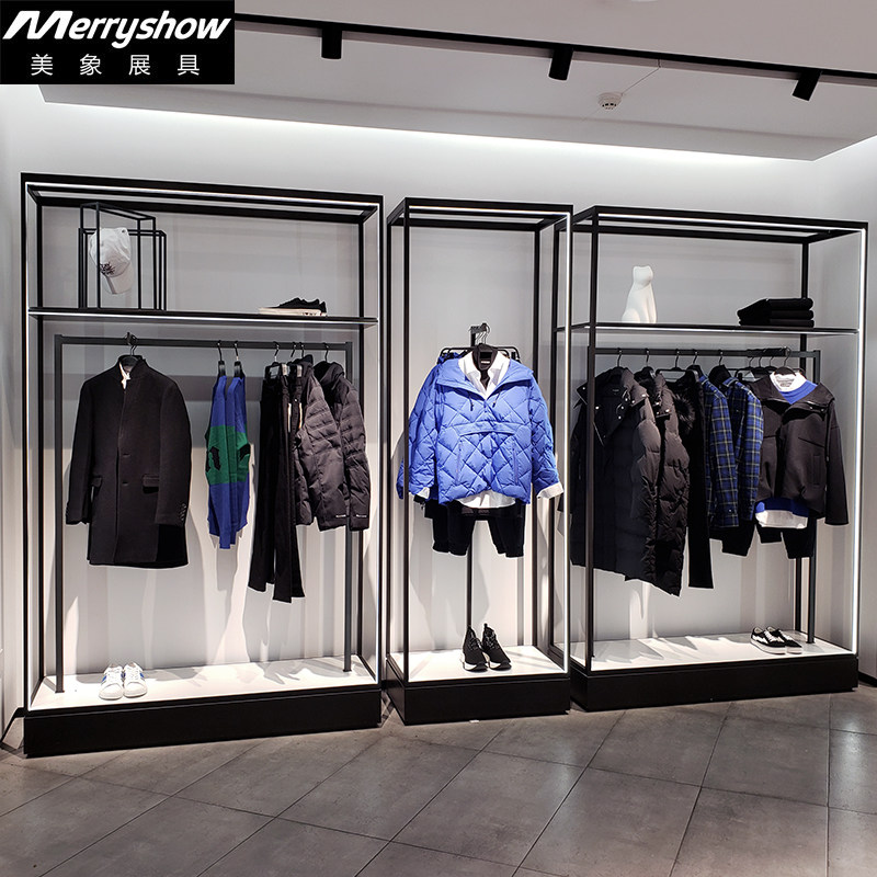 Beauty elephant men's clothing store shelves Clothing display shelves luminous black wrought iron wall combination store decoration design physical store