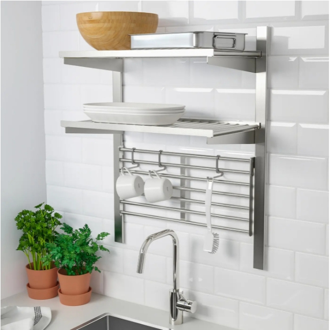 Ikea Confortis Hanging Rod with Shelf/Wall Rack Kitchen Bathroom Wall-Mounted Storage Rack Stainless Steel