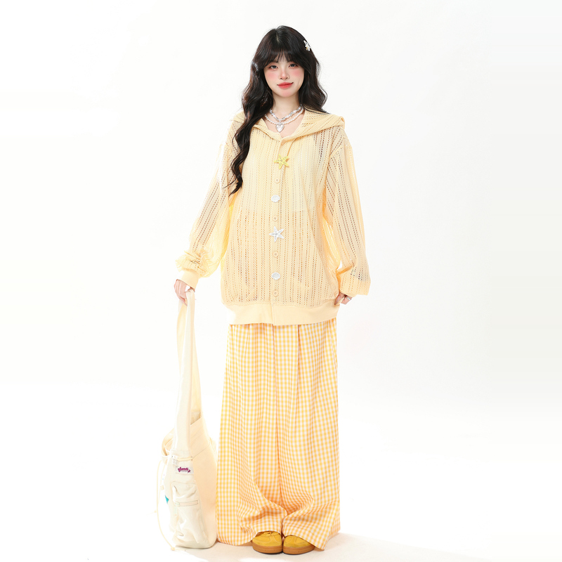 Enjog Creamy Yellow Shell Button Hollow Cardigan Jacket for Women, Summer Loose and Lazy Style, Versatile Sun Protection Cover-Up
