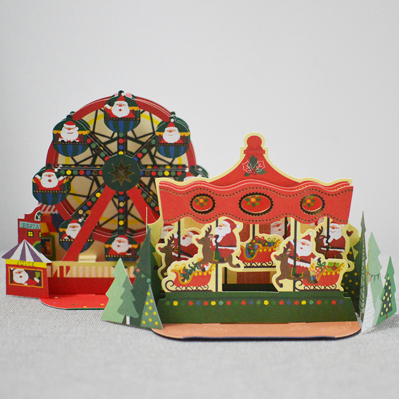 Japan Winter Christmas 3D Card Playground Merry-go-round Roller Coaster XMAS Novelty Blessing Greeting Card