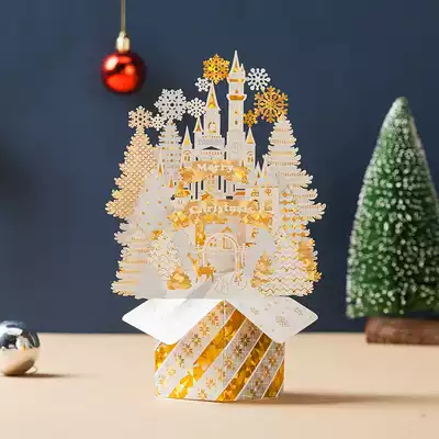 Miss Card Christmas Old Man Snowflake three-dimensional Christmas Tree Castle hollow Bronzing greeting card Christmas decoration card