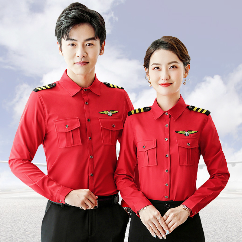 Spring and Autumn Red Epaulette Shirt Long-Sleeved Catering Waiter Work Uniform Military Band Drum Team Drumming Performance Costume