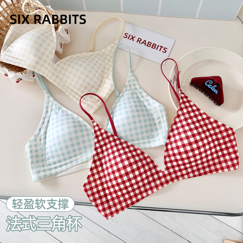 Six Rabbits French Triangle Cup Bra, Thin Style, Slimming Bra, Wireless, Deep V-Neck, Sweet Spaghetti Strap Bra