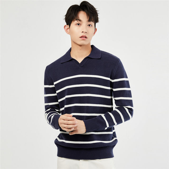 Giordano sweater ຂົນສັດຫນາຂອງຜູ້ຊາຍ contrast striped lapel pullover sweater 18053906