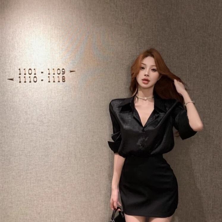 Black Long-Sleeved Shirt for Women, Spring and Summer, High-End, Niche, Elegant Style, Loose Shirt, Hip-Hugging Short Skirt Suit