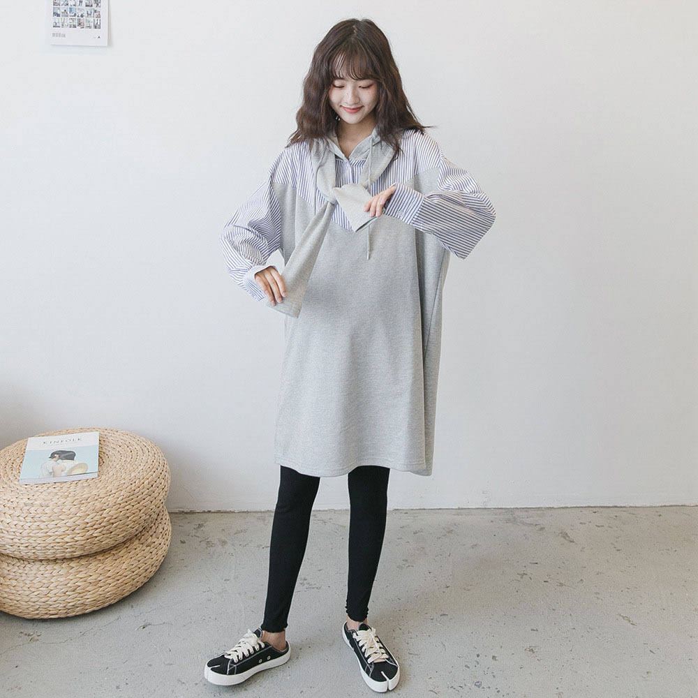 Pregnant women in spring and autumn dress long sleeve T-shirt in long skirt coat with hood jacket pure cotton leave