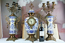 Antique Delft Pottery Clock Blue and White Bird Candelabra Dutch Mantel 1930 Ornament