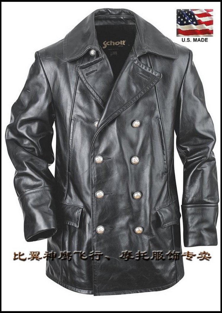 Schott NYC American Origin Classic Navy Slim Double-breasted Cowhide Rock Moto Leather Coat#650