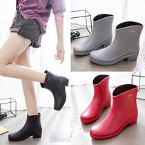  Rain Boots womens Korean mid-heel fashion short tube rain boots waterproof rubber shoes non-slip water boots winter plus velvet cotton adult galoshes