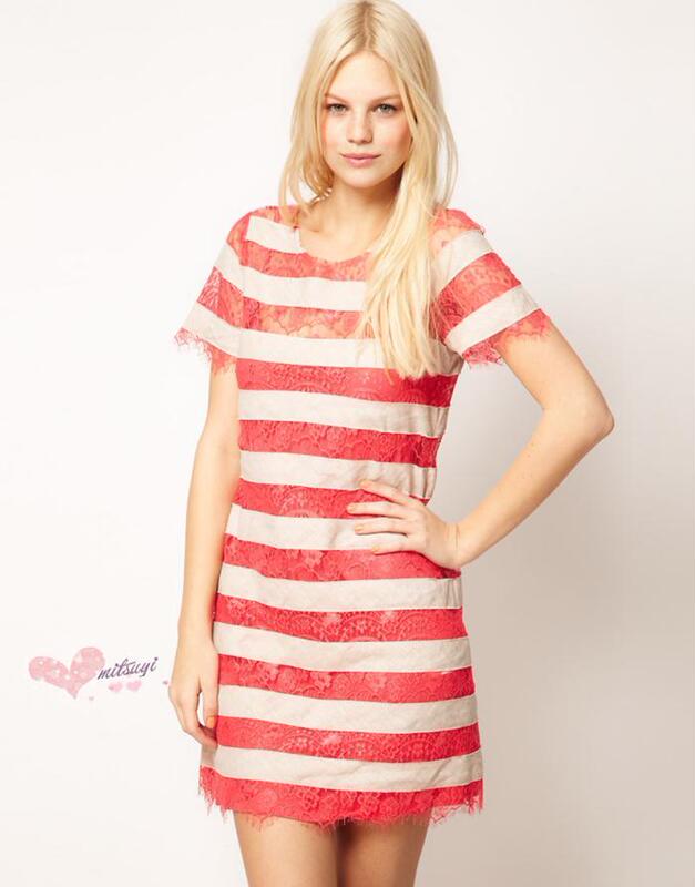 [Special Offer in Stock] Asos Genuine Eyelash Lace Striped Dress Mini Short-Sleeved Round Neck Short Dress Sweet and Sweet