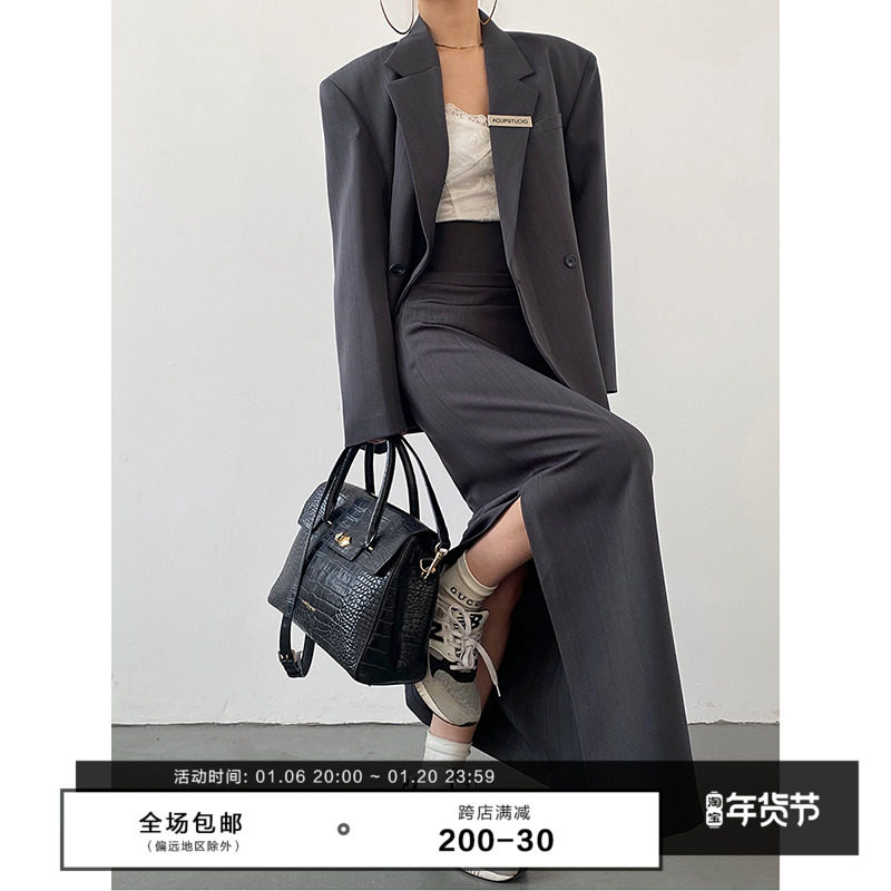 AcupStudio Jiangnan темпераментный темный пиджак в полоску, весенне-осенний женский свободный костюм высокого класса высокого класса Изображение 1
