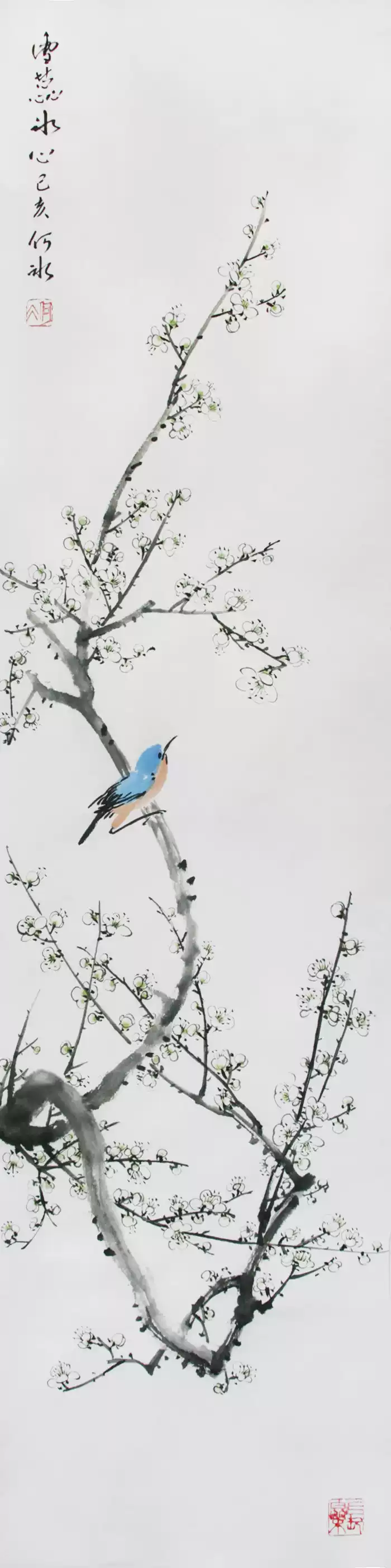 苗墨　水墨画 梅花 玉骨仙姿 青色背景 国画写意花鸟水墨真迹梅花玉骨清姿三尺斗方画芯50cm*50cm