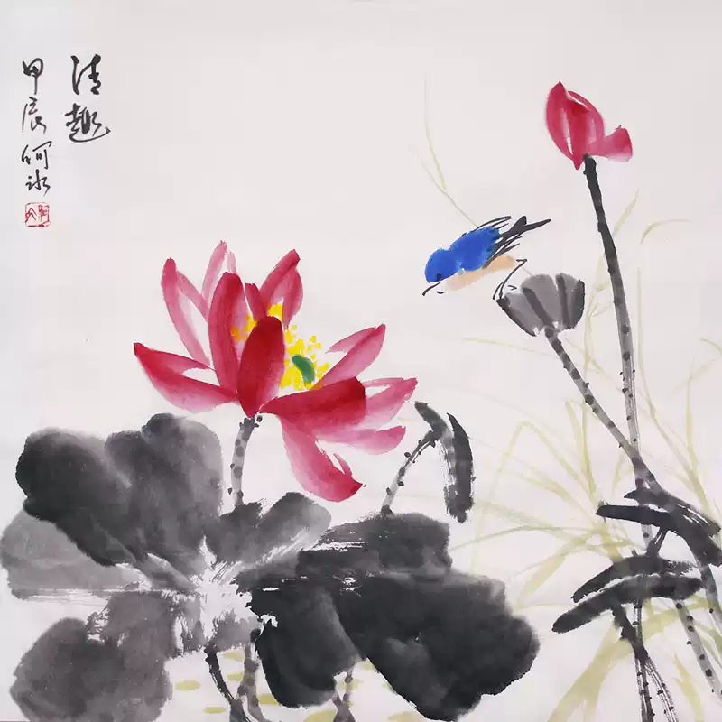 三尺斗方手绘水墨画真迹宣纸写意荷花花鸟画国画装饰挂画