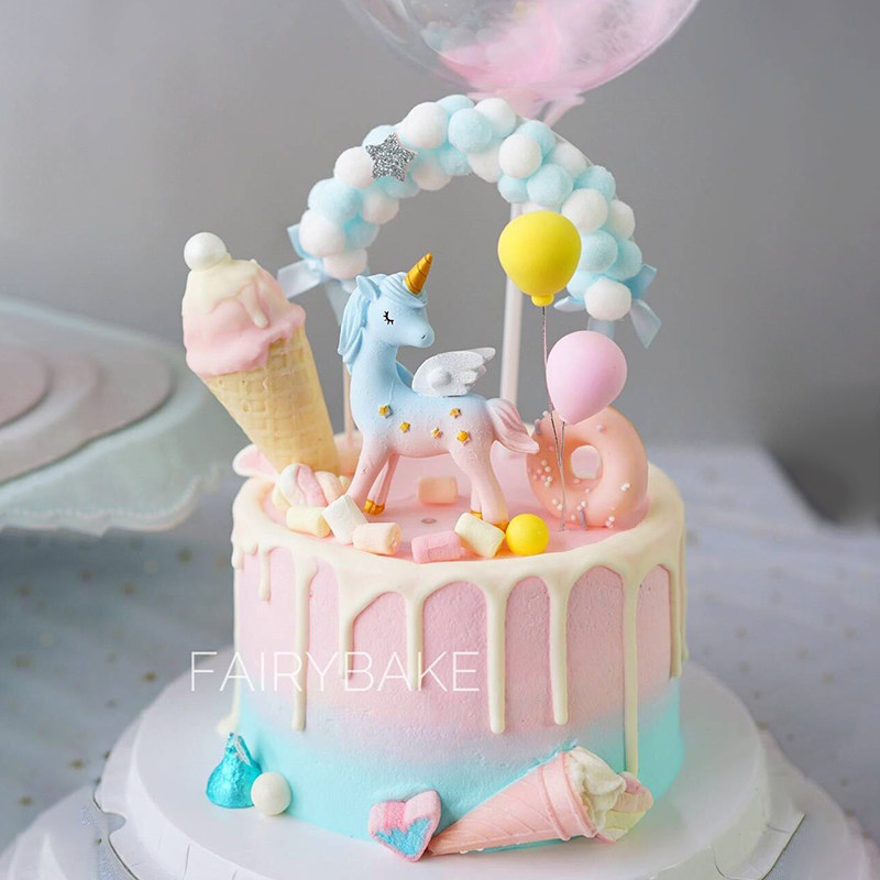 Baking cake decoration cute pink blue gradient Unicorn doll Pony ornament Hair ball balloon plug plug card
