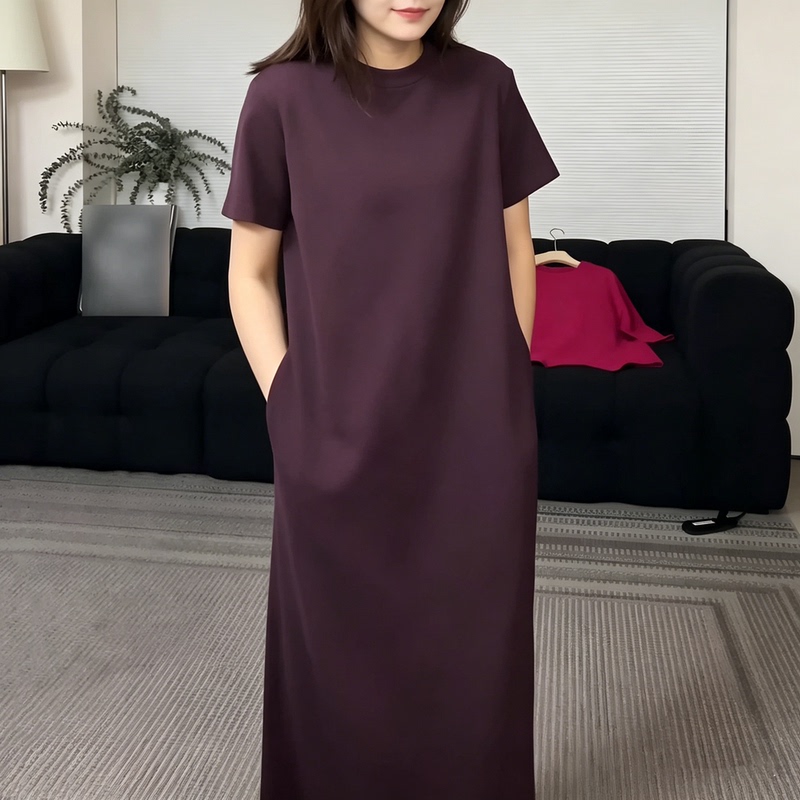 Summer New Style Dress for Women, Fashionable, Simple, Loose-Fitting, Age-Reducing, Slimming, Straight-Leg, Casual, Belly-Covering, Solid Color Long Dress