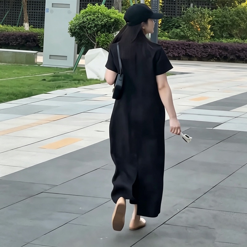 Casual and Simple Style, Long Ankle-Length Short-Sleeved Dress for Tall People, Summer Lazy Style, Loose Long Skirt for Women, Relaxed Feel Casual and Simple Style, Long Ankle-Length Short-Sleeved Dress for Tall People, Summer Lazy Style, Loose Long Skirt for Women, Relaxed Feel