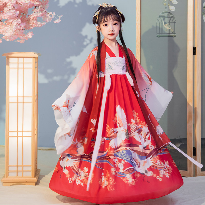 Girl's ancient dress Han suit superfairy China Wind Children Guzheng Skirt Flutter little girl Tang loaded with foreign dress Long sleeves