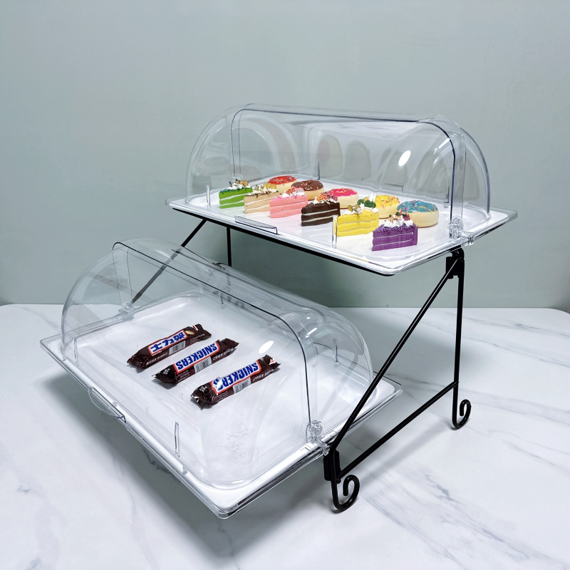 Fruit Buffet Display Stand with Double-Layer Tray and Cover, Bread, Cake, Snack Tray, Transparent Food and Dessert Tasting Tray