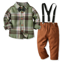 Little Gentleman Boys Mens Wear Pants Set Autumn and Winter Long Sleeve Cotton Plaid Shirt Childrens Performance Dress