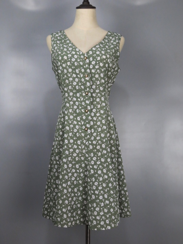 Vintage Genuine 90S Second-Hand Deep Green Floral V-Neck Slim-Fit Sleeveless Mid-Length Dress