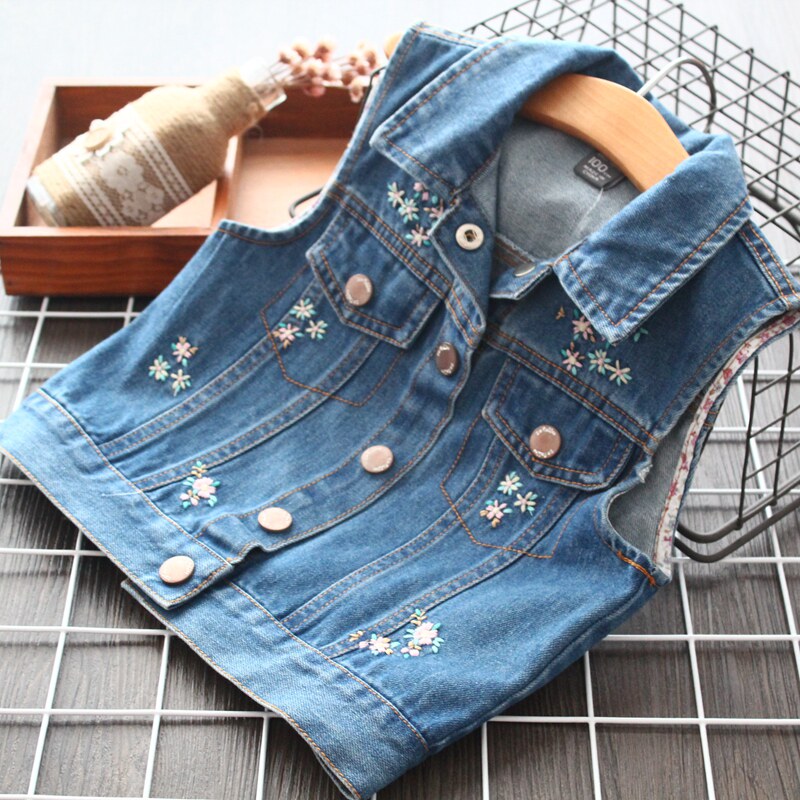 Girl Denim Waistcoat Baby Waistcoat 22 Autumn Children Casual Fresh Little Flower Embroidered Jeans Waistcoat Waistcoat