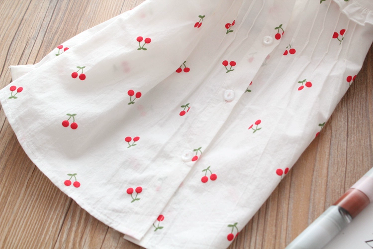 Mùa thu 2018 bé gái mặc áo sơ mi trắng cotton cotton dễ thương bên tai in áo sơ mi cherry trẻ em