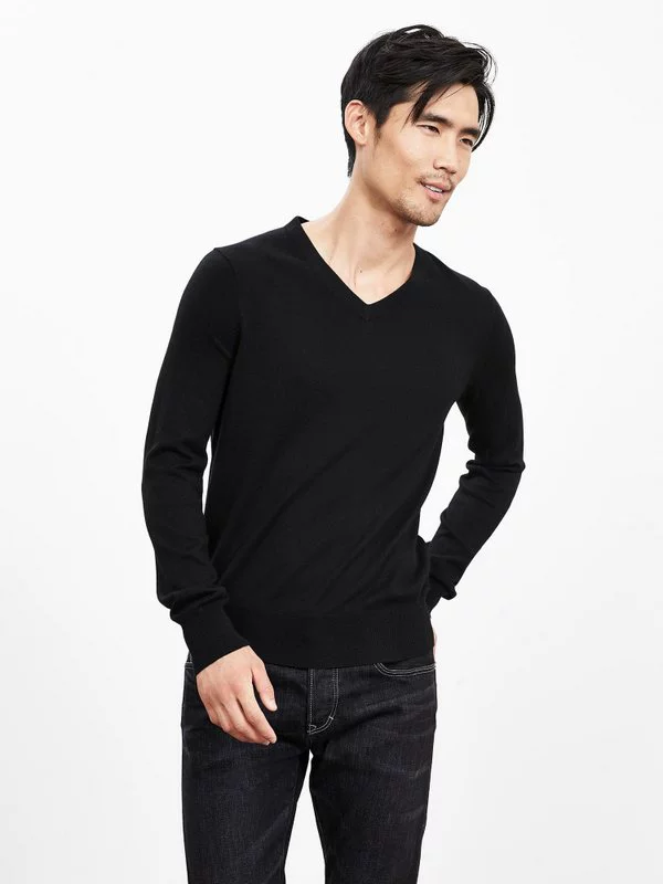 Áo len cashmere nam v-cổ màu đen tinh khiết - Kéo qua