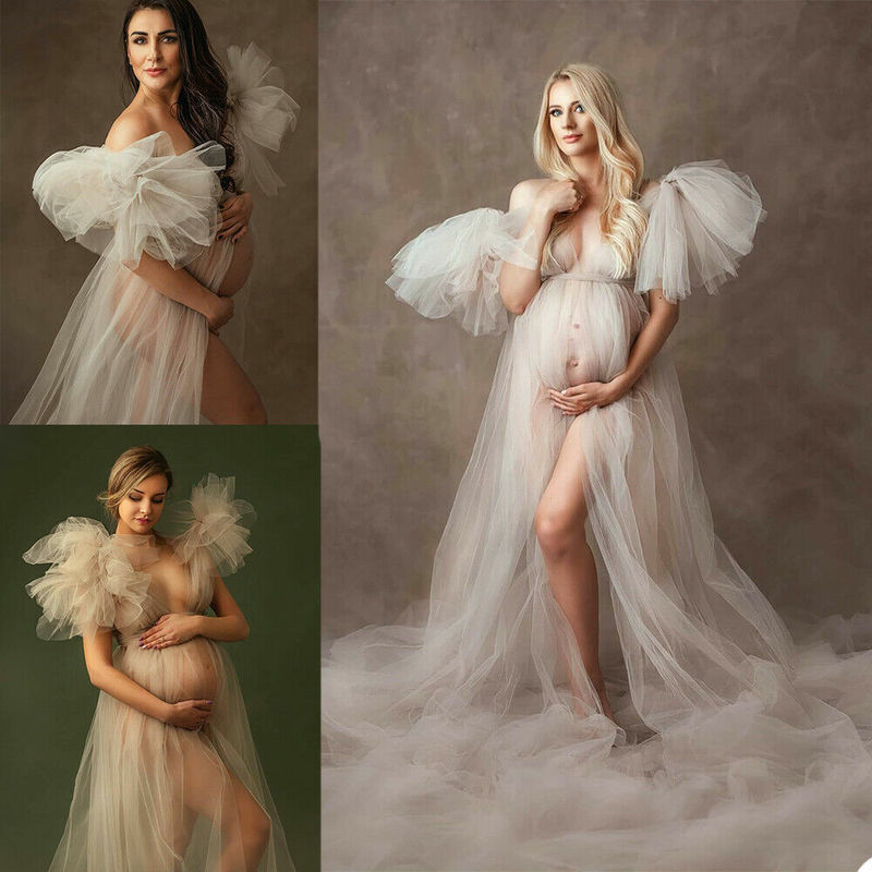 European and American Style White Maternity Dress for Pregnant Women, Bridal Maternity Photoshoot, Studio Photography, Mesh Photo Shoot, Wedding Commemorative Long Dress