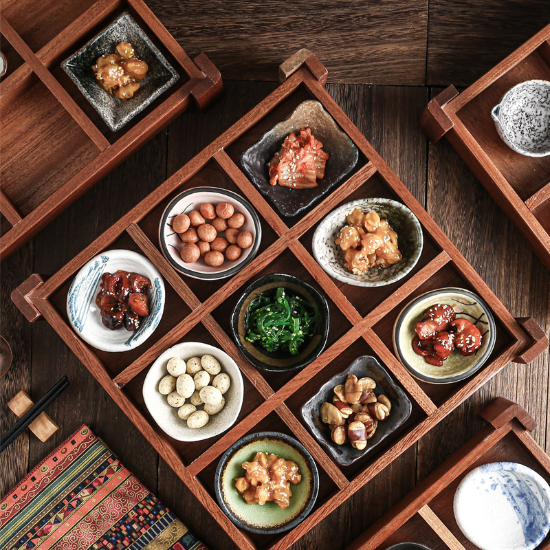 Nine-Compartment Dried Fruit Plate, Snack Plate, Solid Wood Tableware, Special for Inns and Guesthouses, Japanese-Style Tableware, Hotel Plate