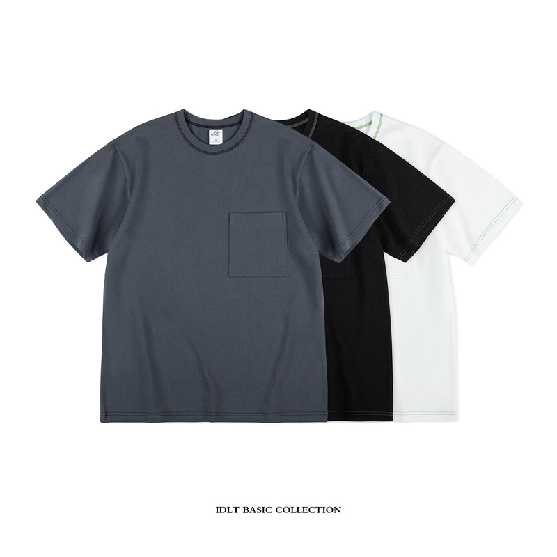 Idlt Heavy-Duty Loose-Fitting Drop-Shoulder Color-Block Pocket T-Shirt, Thickened Washed Casual Short-Sleeve Crew Neck T-Shirt for Men, White Tee