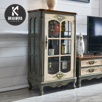  Solid wood wine cabinet Living room TV side cabinet Single door glass cabinet display locker Simple American solid wood wine cabinet