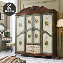  Solid wood wardrobe 4-door cabinet American retro large wardrobe Overall bedroom storage cabinet storage wooden wardrobe