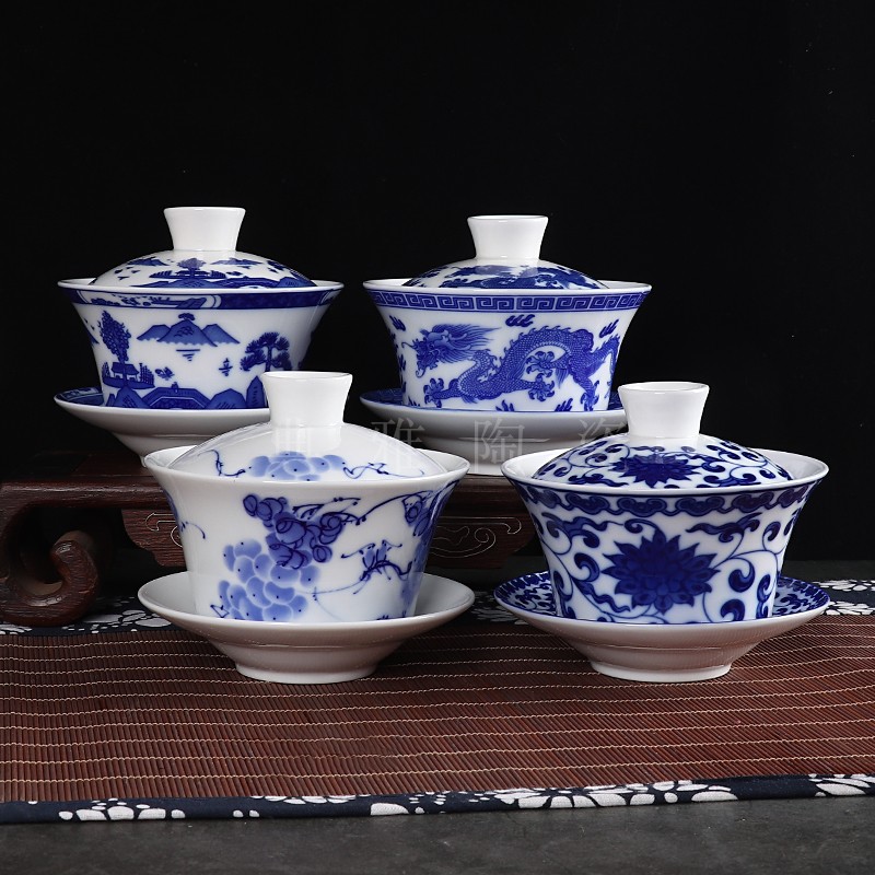 Jingdezhen ceramic mug green flower lid bowl tea cup porcelain horseshoe rice cup water cup 3-only cover bowl tea set-Taobao