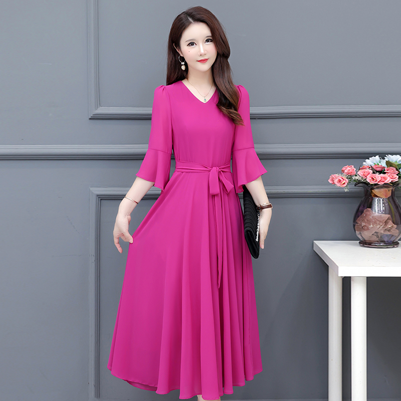 Summer Super Fairy Chiffon Dress 2025 New Style Over-The-Knee Solid Color Plus Size Slimming Long High-End Beach Dress