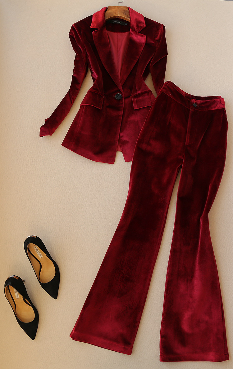 Office Lady Work Pant Suits Sets Women Velvet Blazer Jacket & Trousers