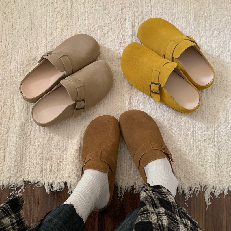 【Women's Shoe Maker】Half-Pack Danish Bread-Style ~ Waterproof Birkenstock-Style Slippers, Genuine Leather, Soft Sole, Comfortable Closed-Toe Half-Slippers