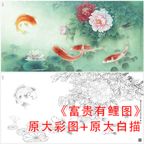 Gongyi line drawing peony fish manuscript Li Xiaoming rich has Carp line drawing copy physical printing draft 876C